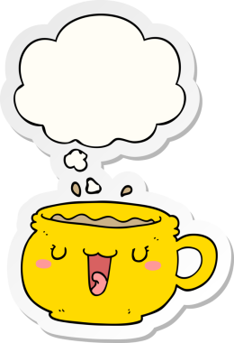 Düşünce baloncuklu şirin kahve fincanı bir insan tarafından çizilmiş çıkartma gibi.