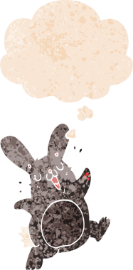 Düşünce baloncuklu çizgi film tavşanı grunge dertli eski moda bir insan tarafından çizilmiş.