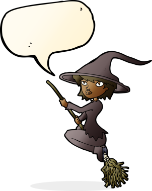 Bir insan tarafından çizilmiş konuşma balonuyla süpürgeye binen cadı çizgi filmi.