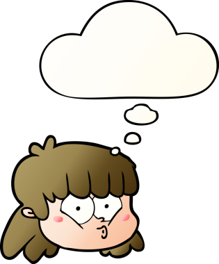 Bir insan tarafından çizilmiş, düşünce baloncuklu çizgi film kadın yüzü.