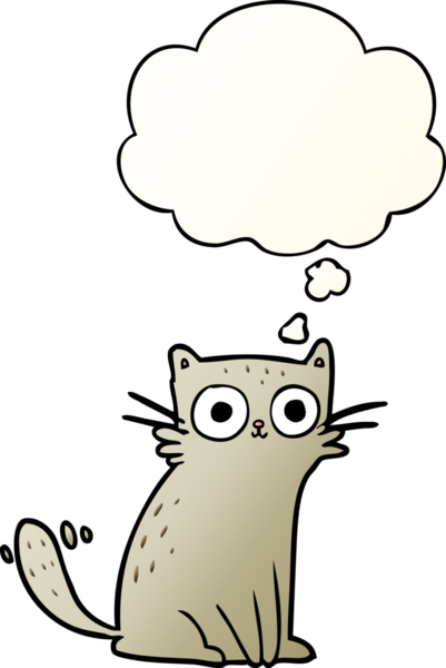 Bir insan tarafından çizilmiş yumuşak eğimli düşünce baloncuklu çizgi film kedisi.