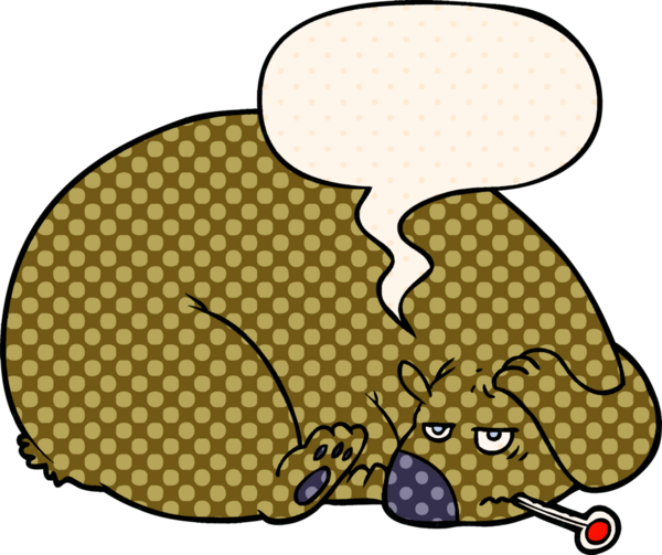 Çizgi roman tarzında bir insan tarafından çizilmiş, kafası ağrıyan bir çizgi film ayısı.