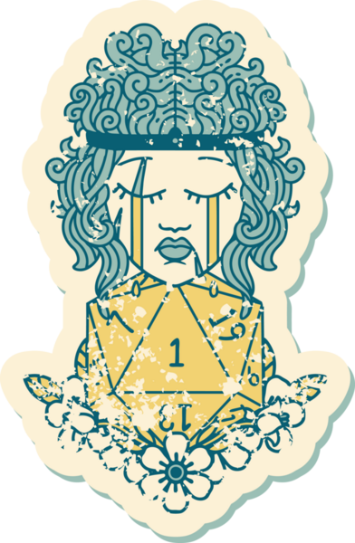 Ağlayan bir insan barbarının grunge çıkartması. Bir insan tarafından çizilmiş doğal bir D20 rulosu.