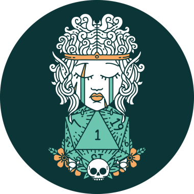 Ağlayan elf barbar karakteri ikonu. Bir insan tarafından çizilmiş doğal bir D20 rulosu.