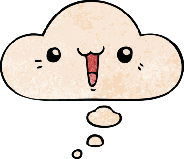 Bir insan tarafından çizilmiş grunge dokuma tarzında düşünce baloncuğu olan mutlu çizgi film yüzü