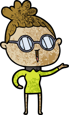 Bir insan tarafından çizilmiş gözlüklü bir karikatür kadın.