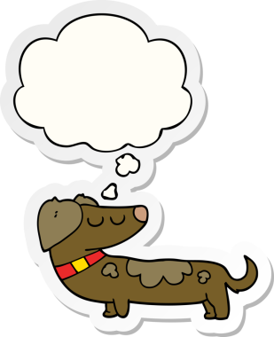 İnsan tarafından çizilmiş bir çıkartma olarak düşünce baloncuğu olan çizgi film köpeği.