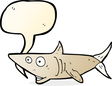Bir insan tarafından çizilmiş konuşma balonlu mutlu köpekbalığı çizgi filmi.