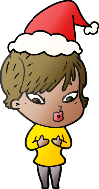 Bir insan tarafından çizilmiş Noel Baba şapkası giymiş bir kadının el çizimi karikatürü.