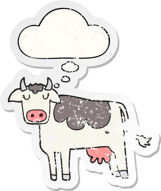 Düşünce baloncuğu olan çizgi film ineği insan tarafından çizilmiş yıpranmış bir çıkartma gibi.