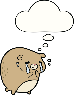 Bir insan tarafından çizilmiş düşünce balonlu ağlayan ayı çizgi filmi.