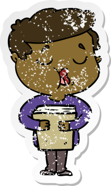 Elinde kitap tutan ve bir insan tarafından çizilmiş şarkı söyleyen bir karikatürcünün sıkıntılı çıkartması.