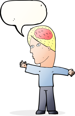 Bir insan tarafından çizilmiş konuşma baloncuğu ile beyni olan çizgi film adamı.