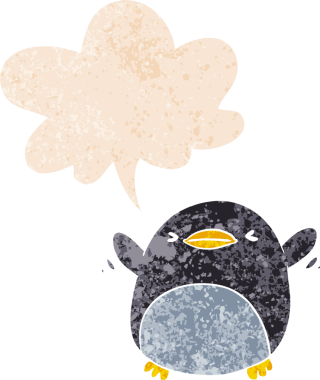 Tatlı çizgi film kanat çırpan penguen grunge 'da konuşma baloncuğu olan sıkıntılı eski moda bir insan tarafından çizilmiş.