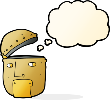 Bir insan tarafından çizilmiş düşünce baloncuklu robot kafası.