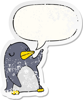 Konuşma baloncuğu olan karikatür pengueni bir insan tarafından çizilmiş sıkıntılı eski bir çıkartma