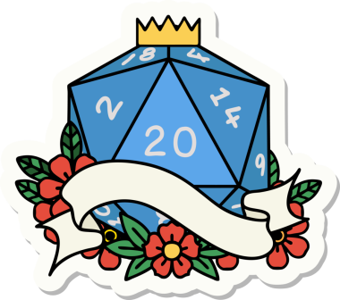 Bir insan tarafından çizilmiş 20 D20 zarının çıkartması.