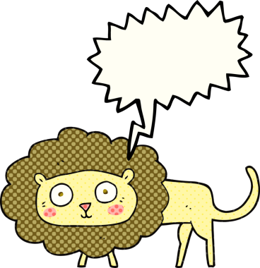 Bir insan tarafından çizilmiş serbest çizilmiş çizgi roman konuşma balonu karikatür aslanı.