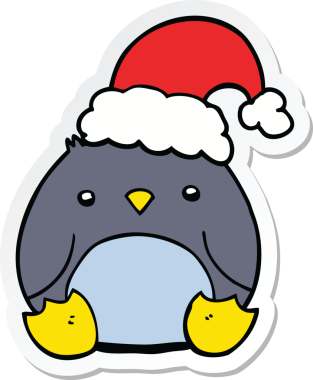 Bir insan tarafından çizilmiş Noel şapkası takan sevimli bir penguenin çıkartması.