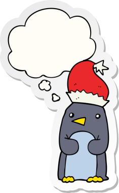 Bir insan tarafından çizilmiş bir çıkartma olarak düşünce baloncuğu olan şirin bir Noel pengueni.
