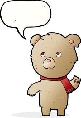 Bir insan tarafından çizilmiş konuşma balonlu oyuncak ayı.