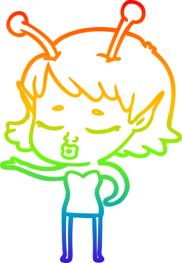 Gökkuşağı gradyan çizgisi. Bir insan tarafından çizilmiş şirin bir uzaylı kız çizgi filmi.