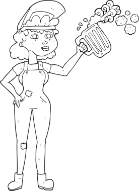 Bir insan tarafından çizilmiş birası olan çalışkan bir kadın.