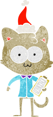 Bir insan tarafından çizilmiş Noel Baba şapkası giymiş şaşırmış bir ofis çalışanı kedinin el çizimi karikatürü