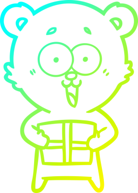 Bir insan tarafından çizilmiş Noel hediyeli gülen oyuncak ayının soğuk gradyan çizgisi.