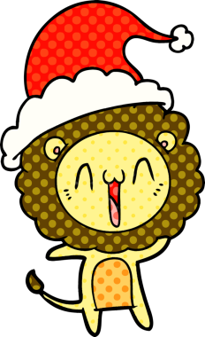 Mutlu el çizimi çizgi roman tarzı Noel Baba şapkası takan bir aslanın insan tarafından çizilmiş resmi.