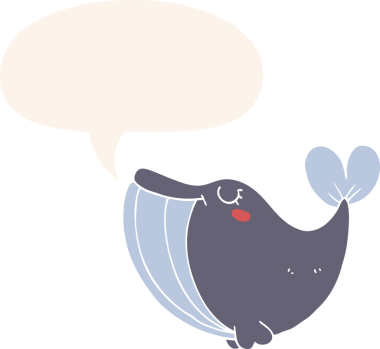 Konuşma baloncuğu olan çizgi film balinası insan tarafından çizilmiş.