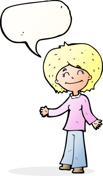 Bir insan tarafından çizilmiş konuşma balonlu mutlu kadın çizgi filmi.