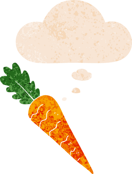 Düşünce baloncuklu çizgi film havucu grunge sıkıntı retro dokuma tarzı bir insan tarafından çizilmiş