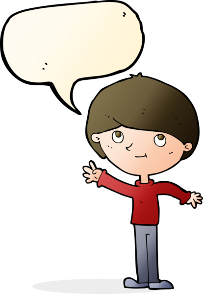 Bir insan tarafından çizilmiş konuşma balonu olan mutlu bir çocuk.