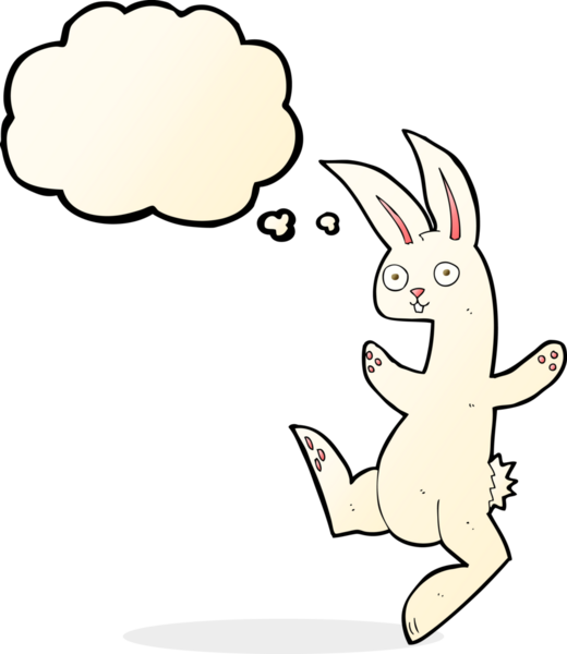 Bir insan tarafından çizilmiş düşünce baloncuklu komik beyaz tavşan.