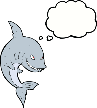 Bir insan tarafından çizilmiş düşünce baloncuklu komik köpek balığı.