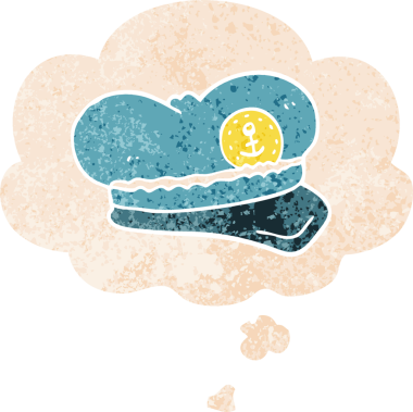 Düşünce baloncuklu çizgi film denizci şapkası grunge sıkıntılı retro dokuma tarzı bir insan tarafından çizilmiş