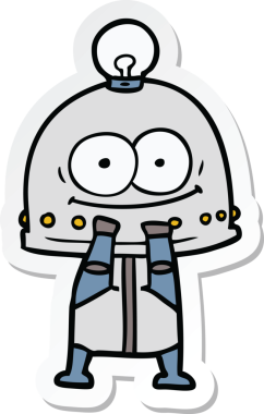 Bir insan tarafından çizilmiş mutlu bir karton robotun çıkartması.