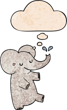 Düşünce baloncuğu ile dans eden çizgi film fili. Bir insan tarafından çizilmiş grunge desen tarzı.