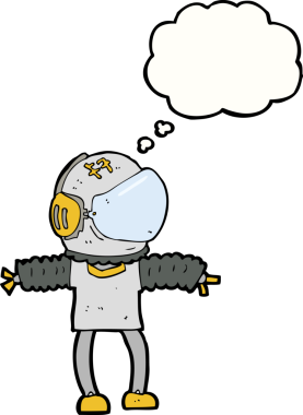 Bir insan tarafından çizilmiş düşünce baloncuklu astronot.
