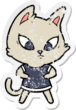 Bir insan tarafından çizilmiş giysiler içindeki kafası karışmış bir çizgi film kedisinin sıkıntılı çıkartması.