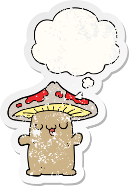 Düşünce baloncuğu olan karikatür mantarı bir insan tarafından çizilmiş yıpranmış bir çıkartma.