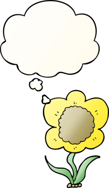 Düşünce baloncuğu olan karikatür çiçeği bir insan tarafından çizilmiş.