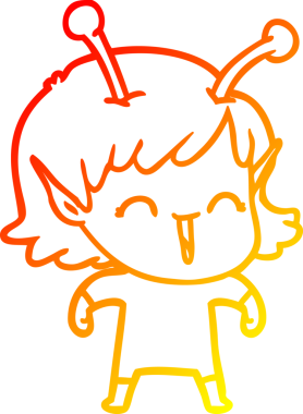 Bir insan tarafından çizilen gülen uzaylı bir kızın sıcak çizgi çizimi.