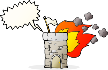 Bir insan tarafından çizilmiş serbest konuşma balonu yanan kale kulesi.