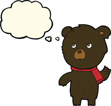 Bir insan tarafından çizilmiş düşünce baloncuğu olan sevimli siyah ayı.