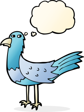 Bir insan tarafından çizilmiş düşünce baloncuklu çizgi film kuşu.