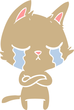 Bir insan tarafından katlanmış kollarıyla ağlayan düz renkli çizgi film kedisi.