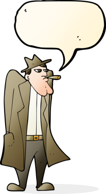 Bir insan tarafından çizilmiş konuşma balonlu şapkalı ve trençkotlu bir adam.