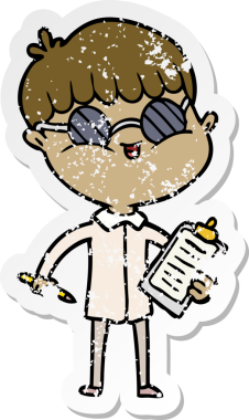 Bir insan tarafından çizilmiş gözlük takan çizgi film karakterinin sıkıntılı çıkartması.